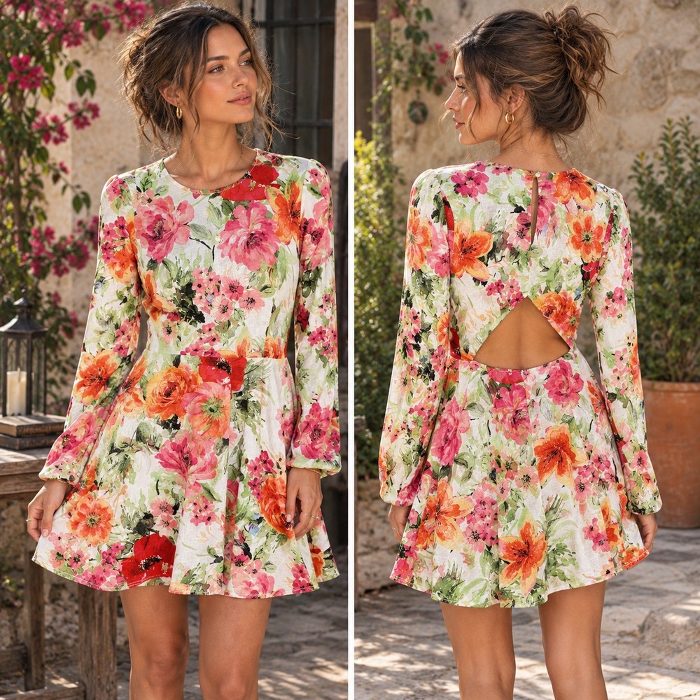 Zara Naya Mini Dress XS Floral Linen Cotton Blend Long Sleeve Boho Cottagecore